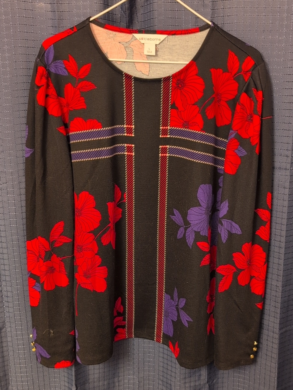 Liz Claiborne Black Top with Red and Purple Floral Print L